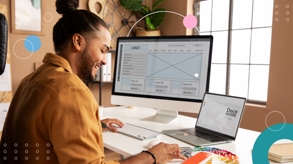 A DTP translation services professional working with design software on his computer.