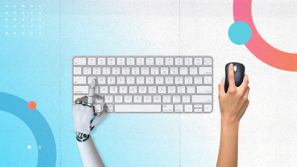 A robotic arm typing on a keyboard next to a human hand holding a computer mouse, depicting Machine translation vs AI translation.