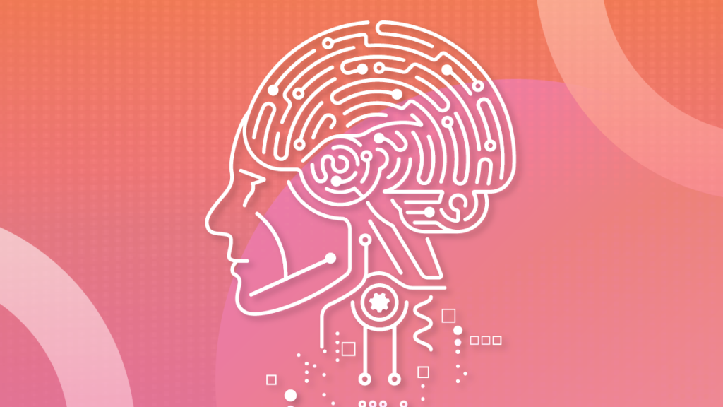 Illustration of a human head profile with a circuit-like brain design, symbolizing AI translation, on a colorful gradient background adorned with geometric shapes.
