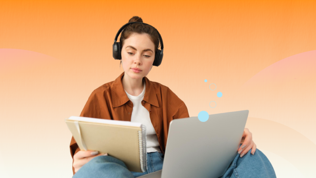 Woman wearing headphones and holding a laptop searching for Transcription Services