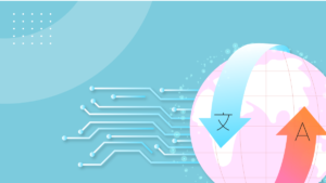 lustración digital sobre un fondo celeste que muestra un globo terráqueo estilizado. Dos grandes flechas curvas rodean el globo: una flecha azul hacia abajo con el carácter chino "文" y una flecha naranja hacia arriba con la letra "A". A la izquierda, se observan líneas de circuitos tecnológicos que se conectan hacia el mundo, simbolizando la traducción automática y la conectividad global.