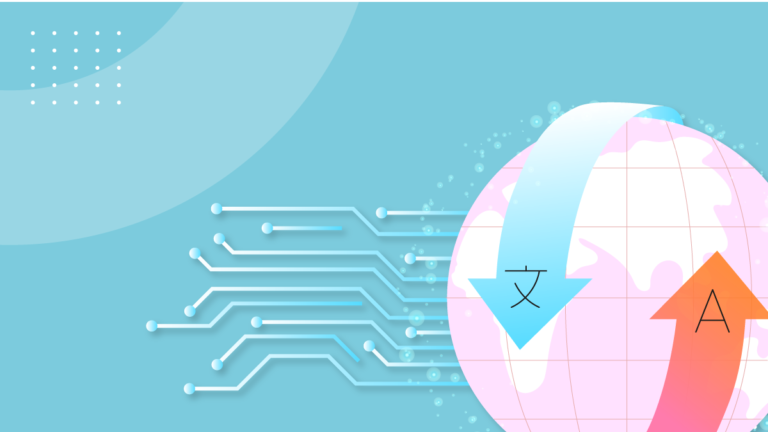 lustración digital sobre un fondo celeste que muestra un globo terráqueo estilizado. Dos grandes flechas curvas rodean el globo: una flecha azul hacia abajo con el carácter chino "文" y una flecha naranja hacia arriba con la letra "A". A la izquierda, se observan líneas de circuitos tecnológicos que se conectan hacia el mundo, simbolizando la traducción automática y la conectividad global.