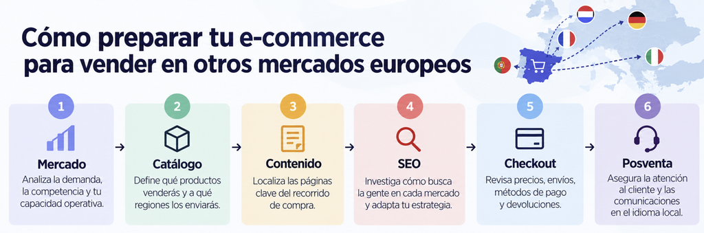 Alt text: Proceso para adaptar un e-commerce a nuevos mercados europeos: mercado, catálogo, contenido, SEO, checkout y posventa. 
